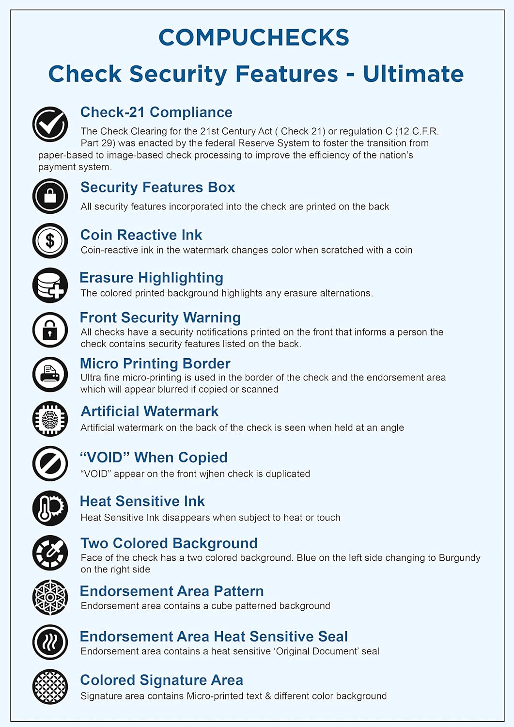 1000 Blank Check Stock - Check on Top Art Deco- Paper Weight # 70"High Security" Check Paper Dark Blue Art Deco