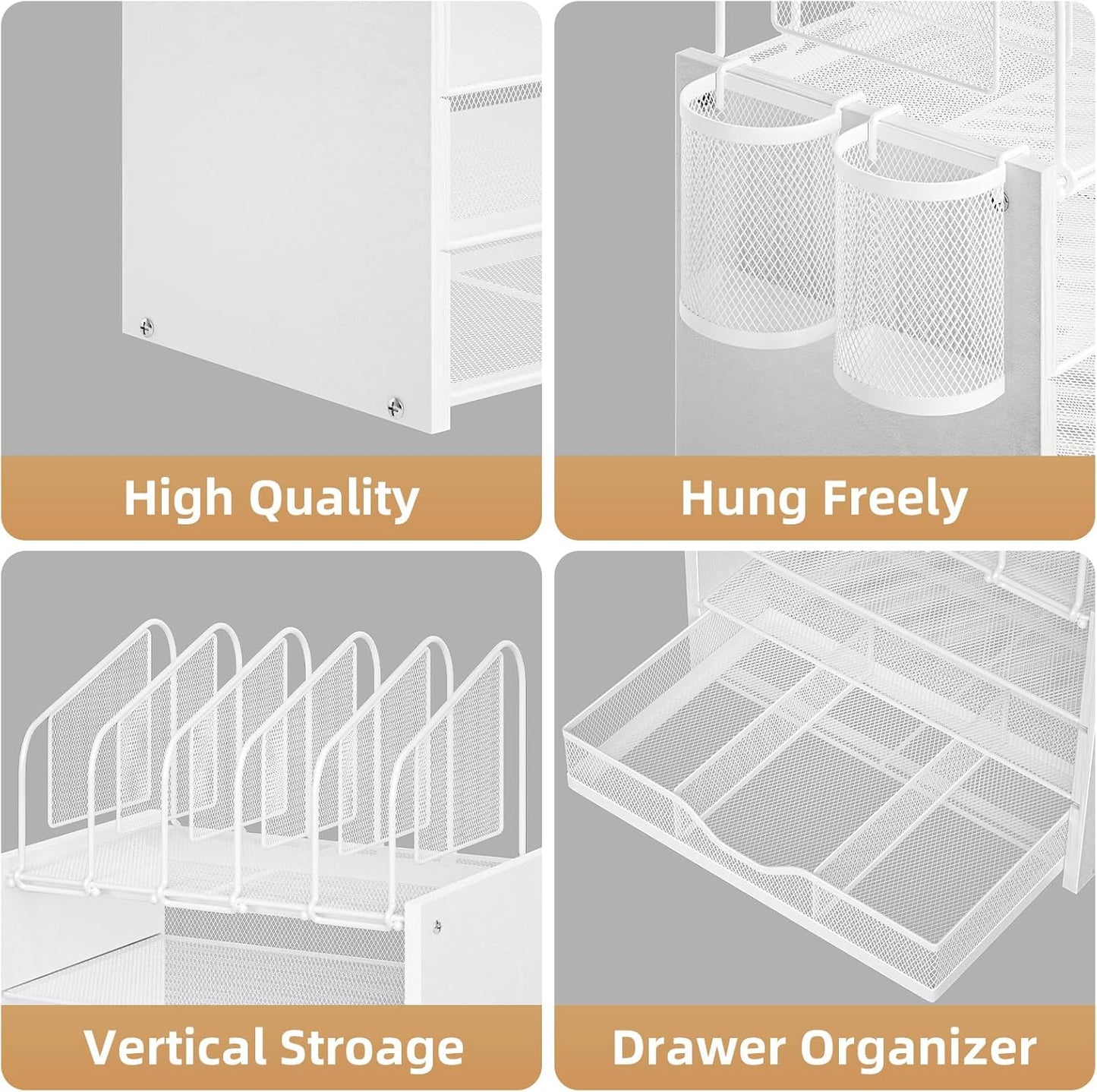 Marbrasse Desk organizer with Drawer, 4-Tier Wooden File Organizer with 5 Vertical File Holders and 2 Pen Holders, Desk Organizers and Accessories for Home Office - White