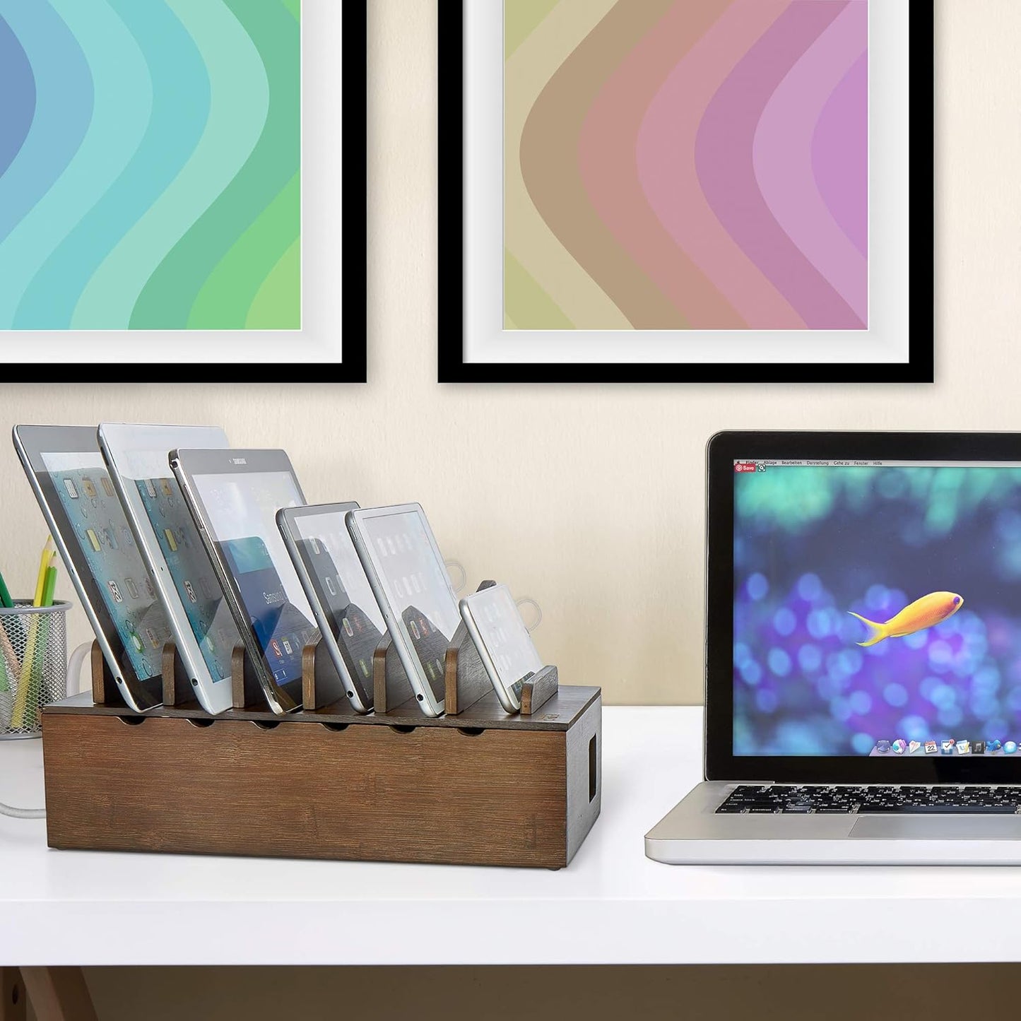 Prosumer's Choice Multi Device Charging Station Wood - Desktop Organizer with Holder for Multiple Phones - Elegant Wooden Desk Accessories - 6 Device Charging Station for Work from Home and Office