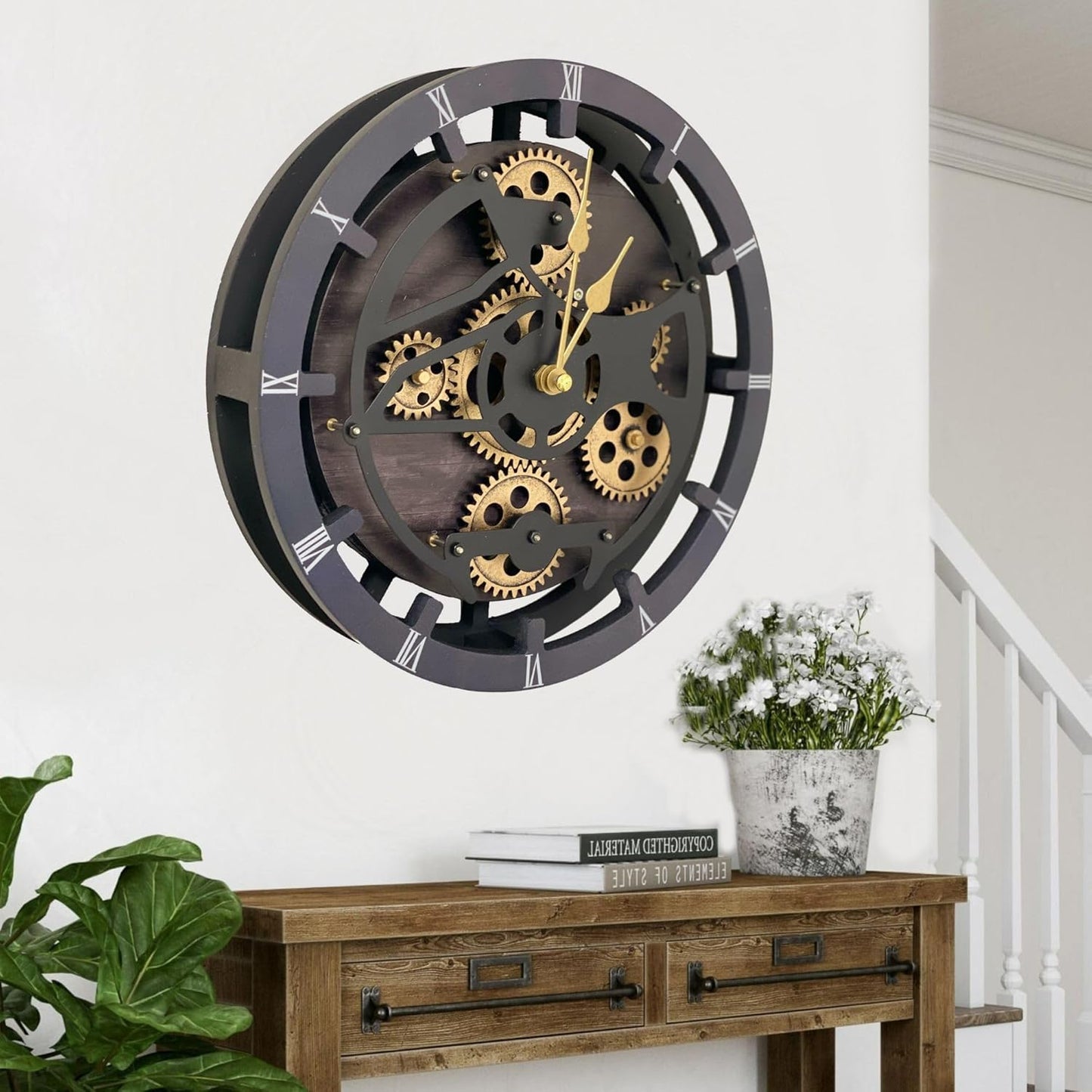 The Gears Clock 16 inches Wall Clock with Real Moving Gears Convertible into a Big Mantel Clock (Vintage Black)