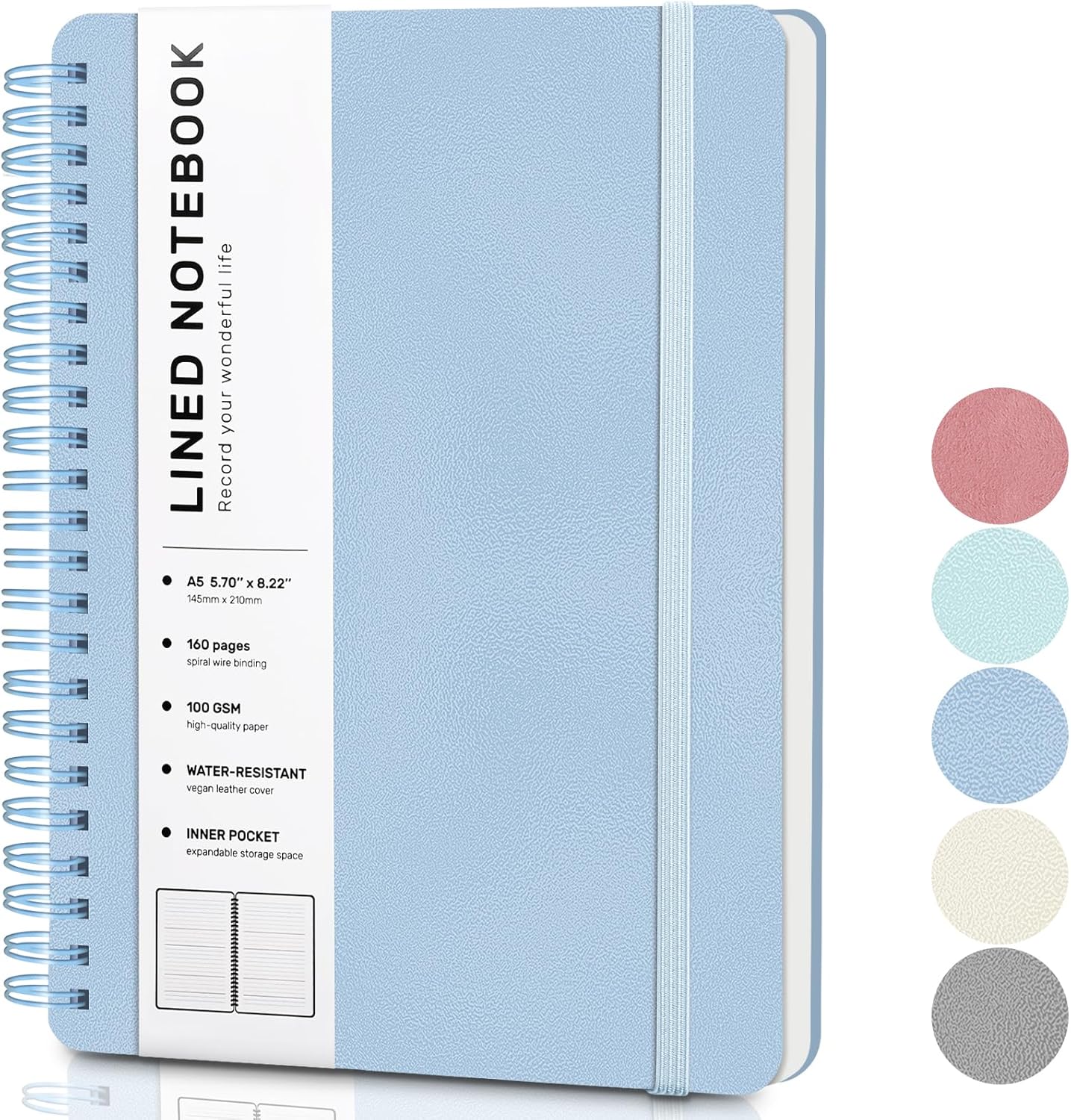 Lined Spiral Journal Notebook, A5 Hardcover Leather Notebook for Work, 5.7''×8.2'', 100GSM Thick Paper Spiral Bound Journaling Notebook for Women Men Office School Note Taking Business, Morandi Blue