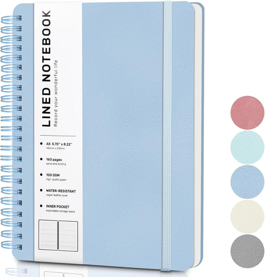 Lined Spiral Journal Notebook, A5 Hardcover Leather Notebook for Work, 5.7''×8.2'', 100GSM Thick Paper Spiral Bound Journaling Notebook for Women Men Office School Note Taking Business, Morandi Blue