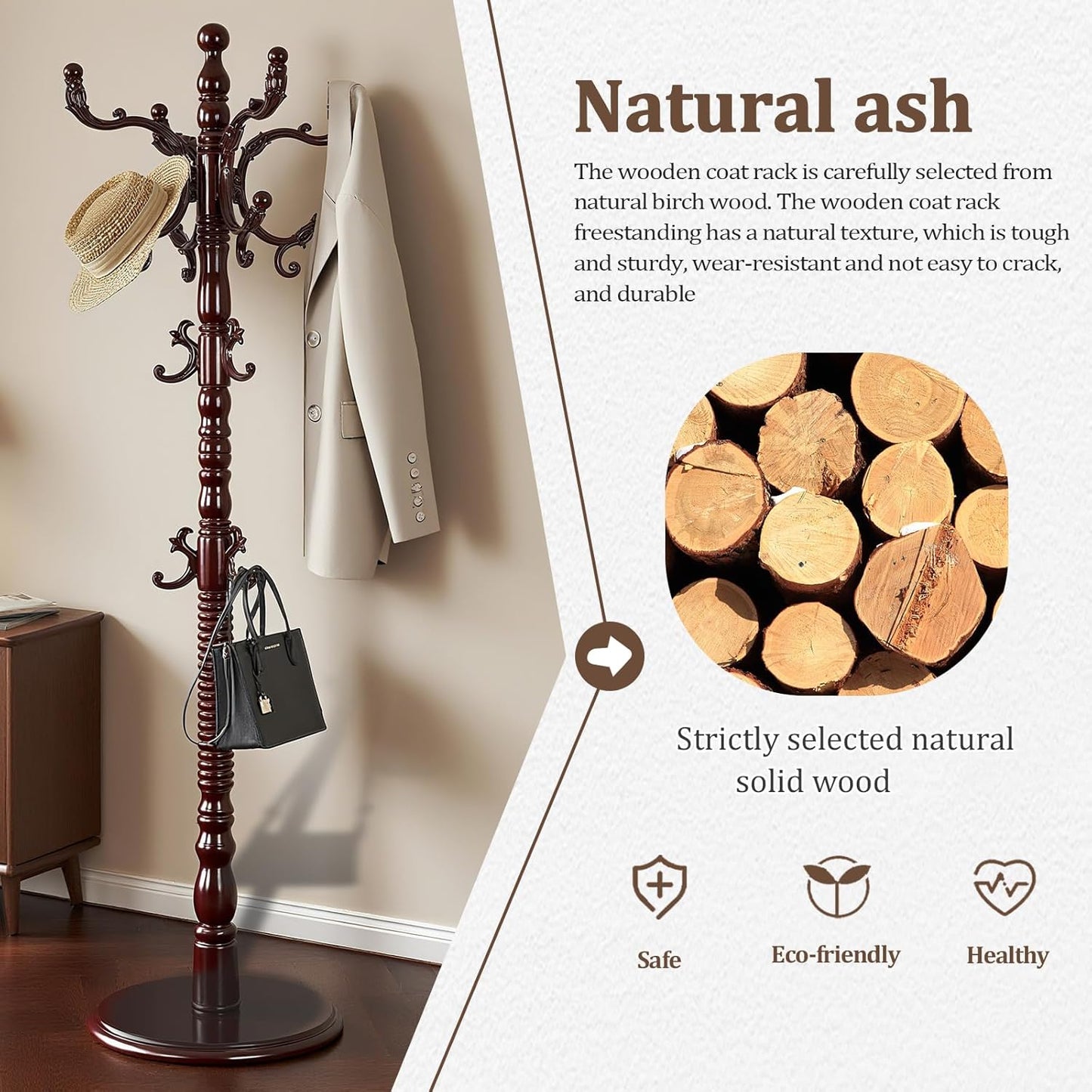 Vintage Wooden Coat Rack Free Standing,14 Hooks, 3-Level Adjustable Height, 73-Inch Retro Coat Rack Stand, Suitable for Entryway, Living Room, Office and Bedroom (Mahogany)