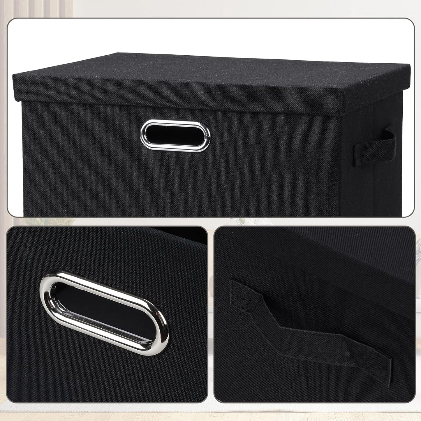 Large 17" 36 Quart Collapsible Stackable Storage Bins with Lids, 3 Packs Black Linen Fabric Closet Boxes with Lids, Storage Cube Baskets Container Organizers for Bedroom Office(17 x12 x11)