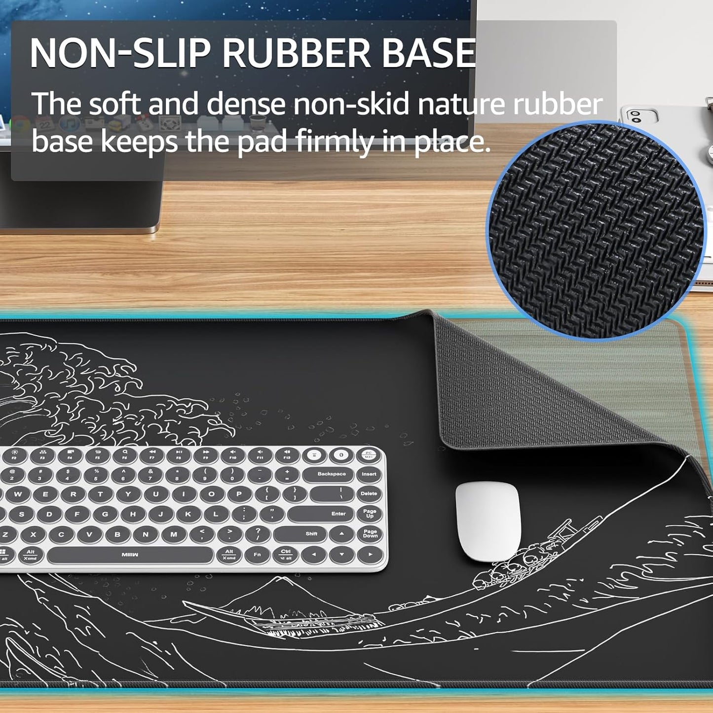 KTRIO Large Gaming Mouse Pad with Stitched Edges, Extended Mousepad with Superior Micro-Weave Cloth, Non-Slip Base, Water Resist Keyboard Pad for Gamer, Office & Home, 31.5x15.7in, Kanagawa Wave