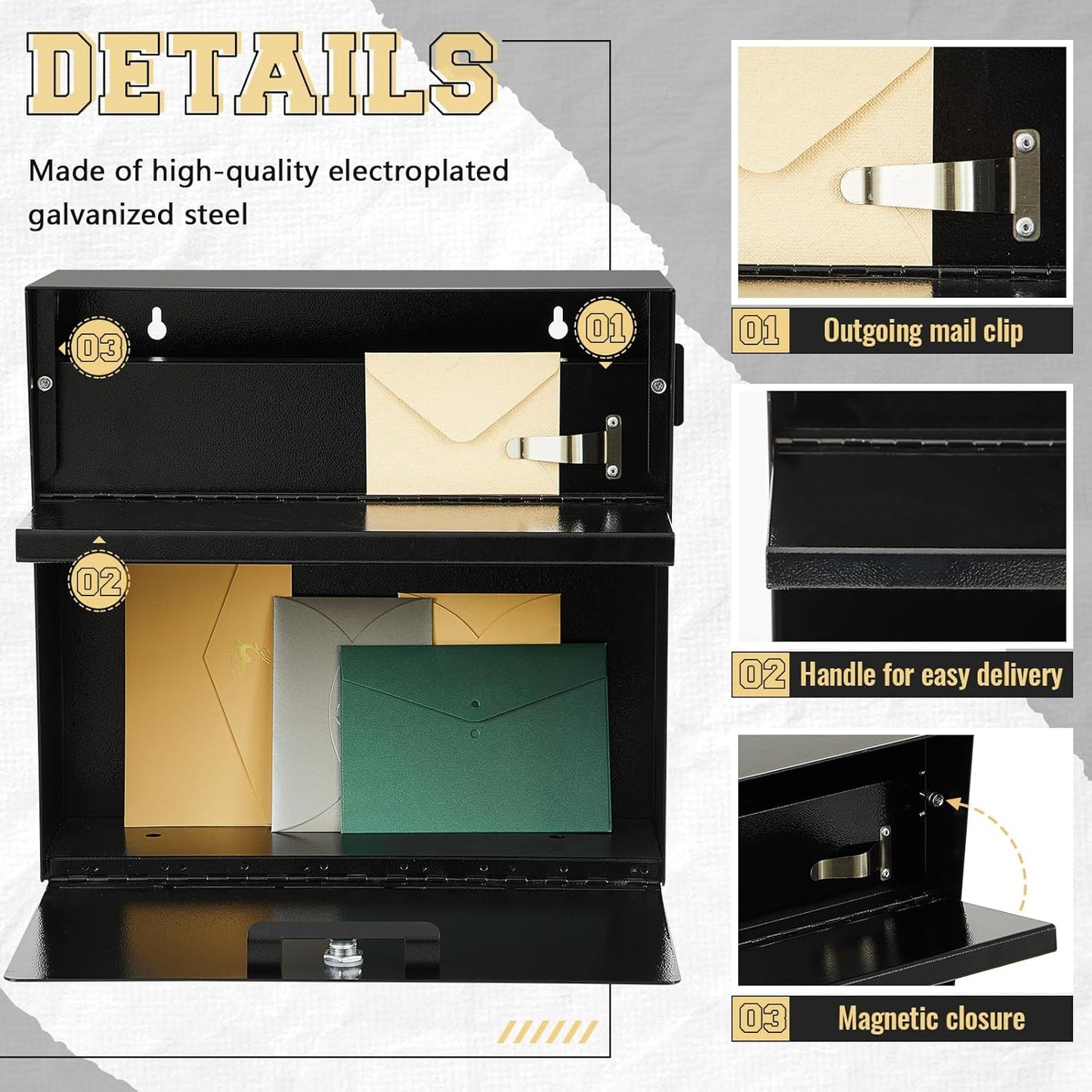 Extra Large Wall Mount Mailboxes for Outside 15.35 x 15 x 7 Inches Locking Security Mail Box Galvanized Steel Wall Mailbox Large Capacity Post Box with Key Lock and Reflective Stickers(Black)