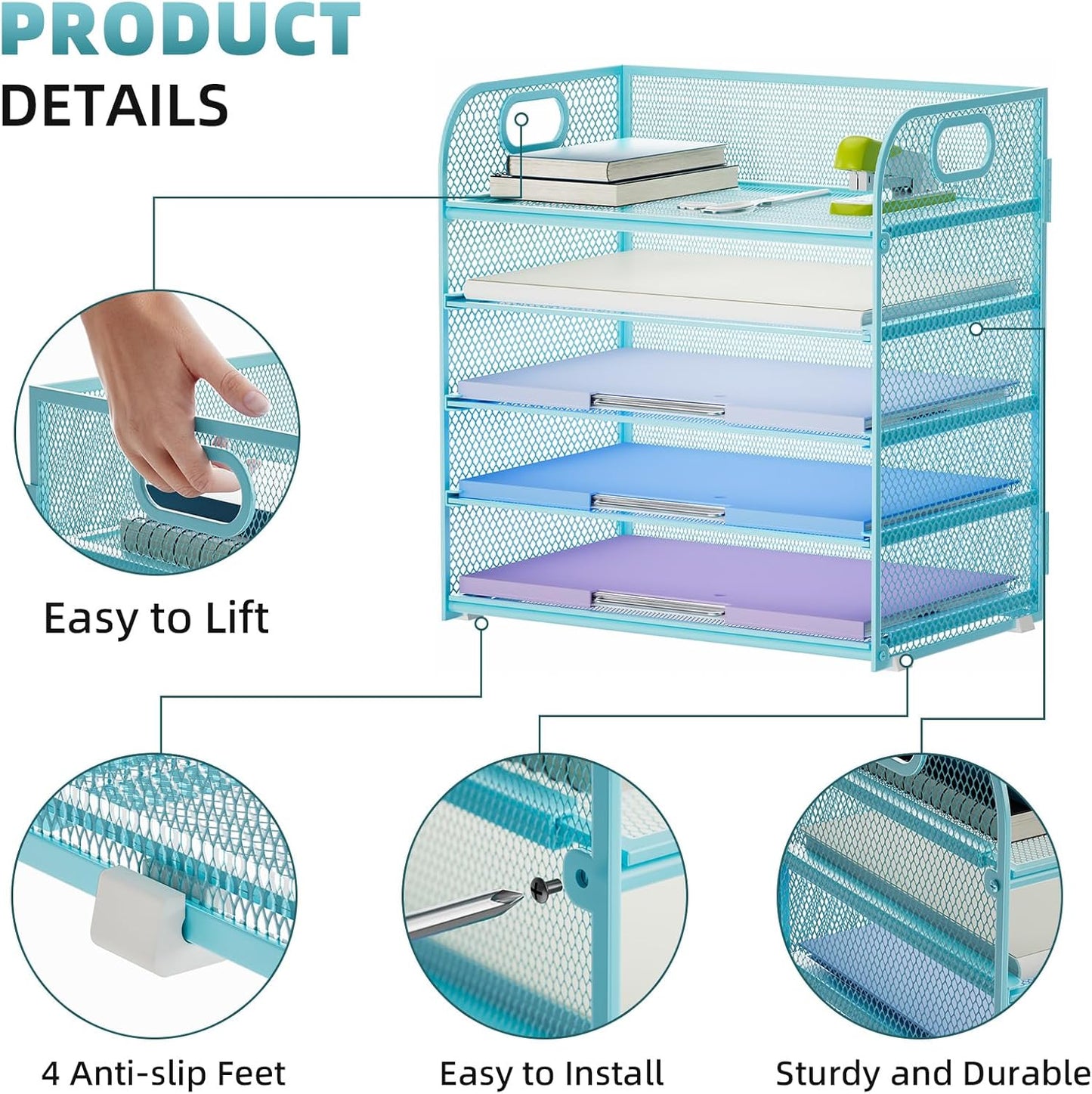 Marbrasse Paper Organizer Letter Tray, 5 Tier Mesh File Organizer with Handle, Paper Sorter Desk Organizer for Home Office Supplies - Blue