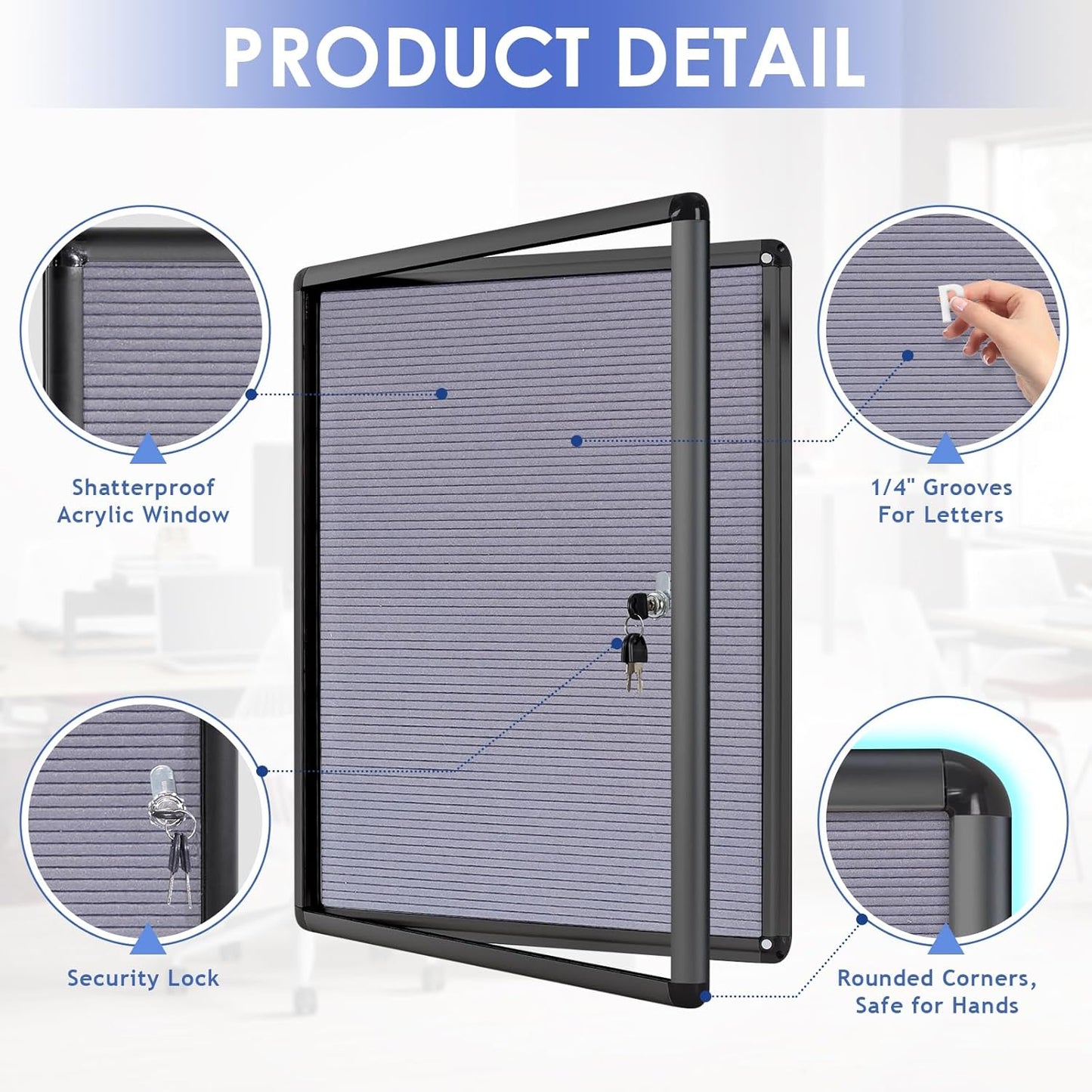 S SWANCROWN Enclosed Bulletin Board with Locking Door 26x20 in, Lockable Felt Letter Board Sign Tamperproof Message Board for Office School Home, Black Aluminum Frame, Grey