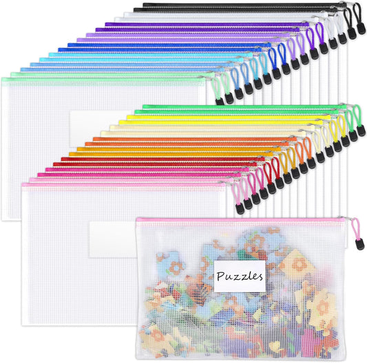Sooez 32 Pack Mesh Zipper Pouch Bags, A4 Letter Size, Zipper Bags with Label Pocket, Waterproof Pouches for Classroom Organization, Board Game Storage, Document Bag for Teacher School Office Supplies