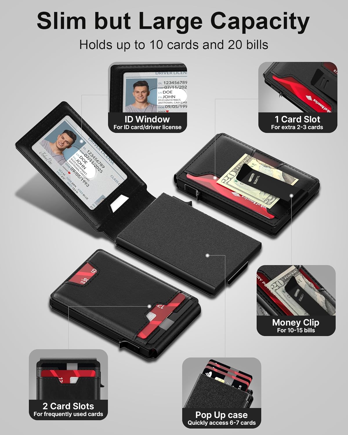 typecase Mens Wallet Card Holder: Pop Up Card Case, Genuine Leather, Smart, RFID Blocking, Slim, Minimalist, Thin, Front Pocket - 9-13 Card Capacitiy | ID Window | Money Clip (Black)