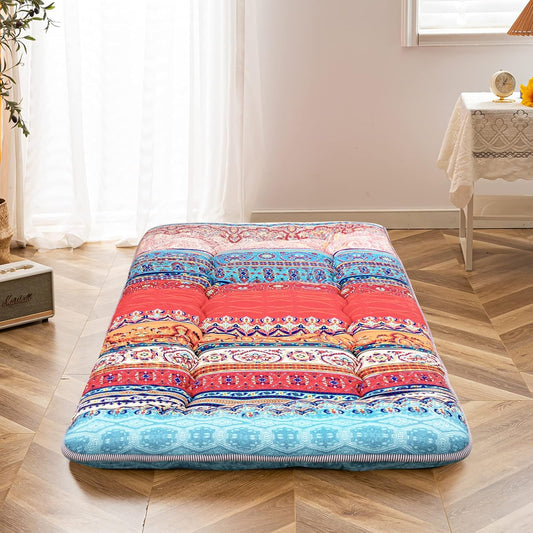 MAXYOYO Cot Mattress Bohemian Floor Bed, Japanese Floor Mattress Narrow Twin Futon Single Bed for Adults, Foldable Futon Roll Up Mat for Camping