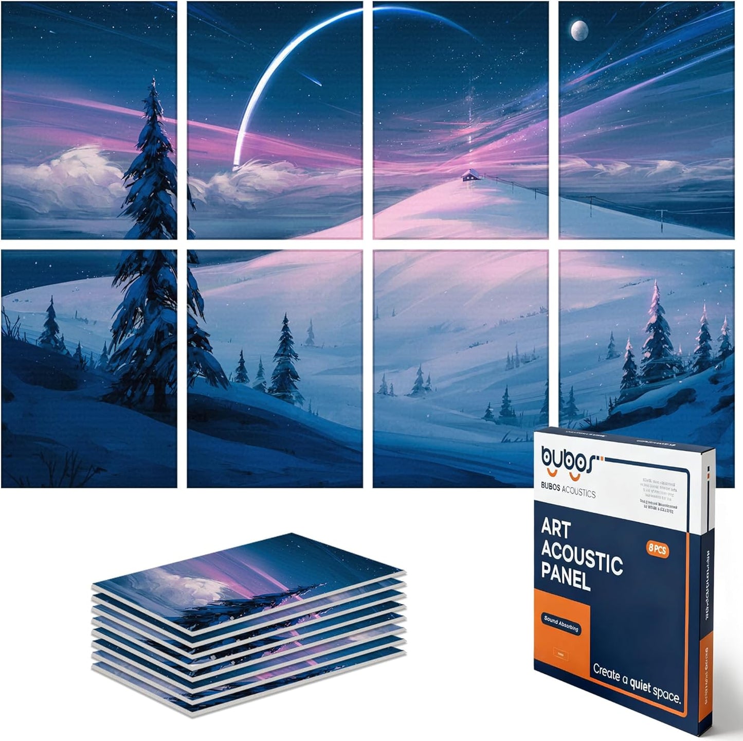 BUBOS 8 Pack Art Acoustic Panels Soundproof Wall Panel,47.2X31.4 Inches Sound Absorbing Panel,Self-adhesive Decorative Acoustical Wall Panels, Acoustic Treatment for Ceiling Home Office（Snow 03）