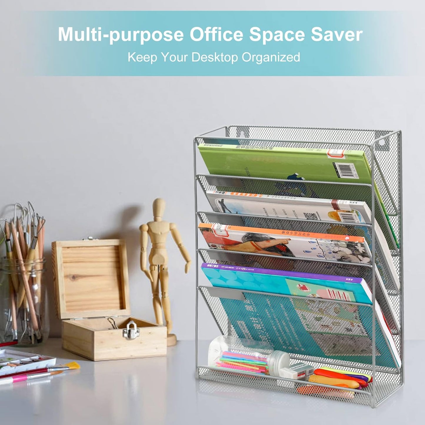 EasyPAG Wall File Organizer 5 Tier Vertical Hanging File Organizer Wall Mounted File Holder Paper Folder Rack with Bottom Flat Tray for Office and Home,Sliver