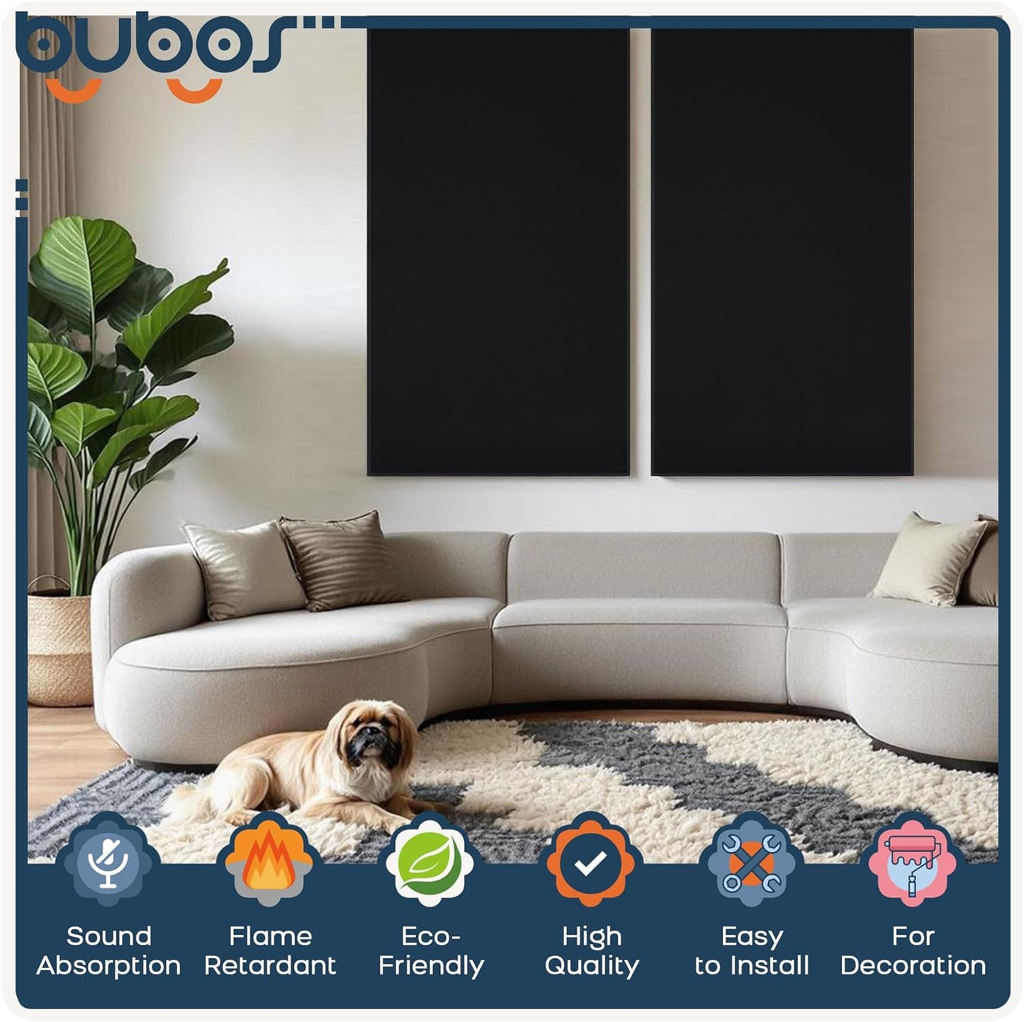 BUBOS 2 PCS Fabric Acoustic Panels,47.2''x23.6'' Decorative Sound Dampening Panels, Art Large Acoustic Wall Panels for Studios, Office, Home Theater,Super CavityPro Balck