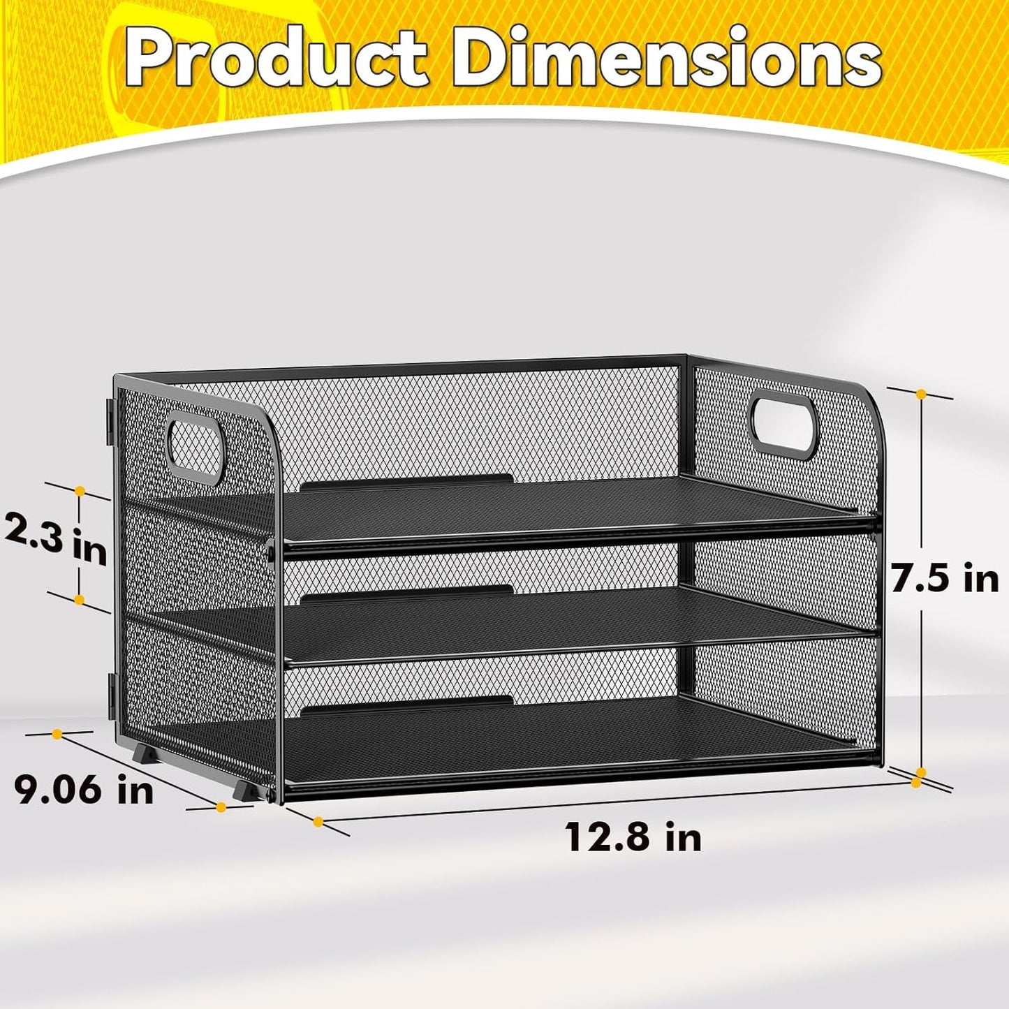 3 Tier Paper Organizer Tray with Handle, Mesh Letter Tray for Office, Home, School (1 Pack), Black