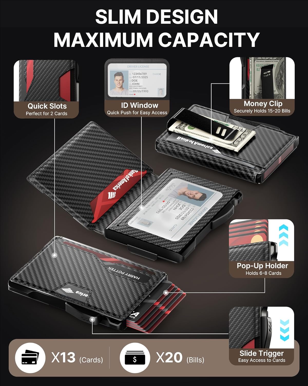 typecase Wallet for Men: Rfid-blocking with Money Clip Slim Leather Bifold ID Window Smart Pop Up Card Case Front Pocket Wallet with Gift Box (Carbon Fiber Black)