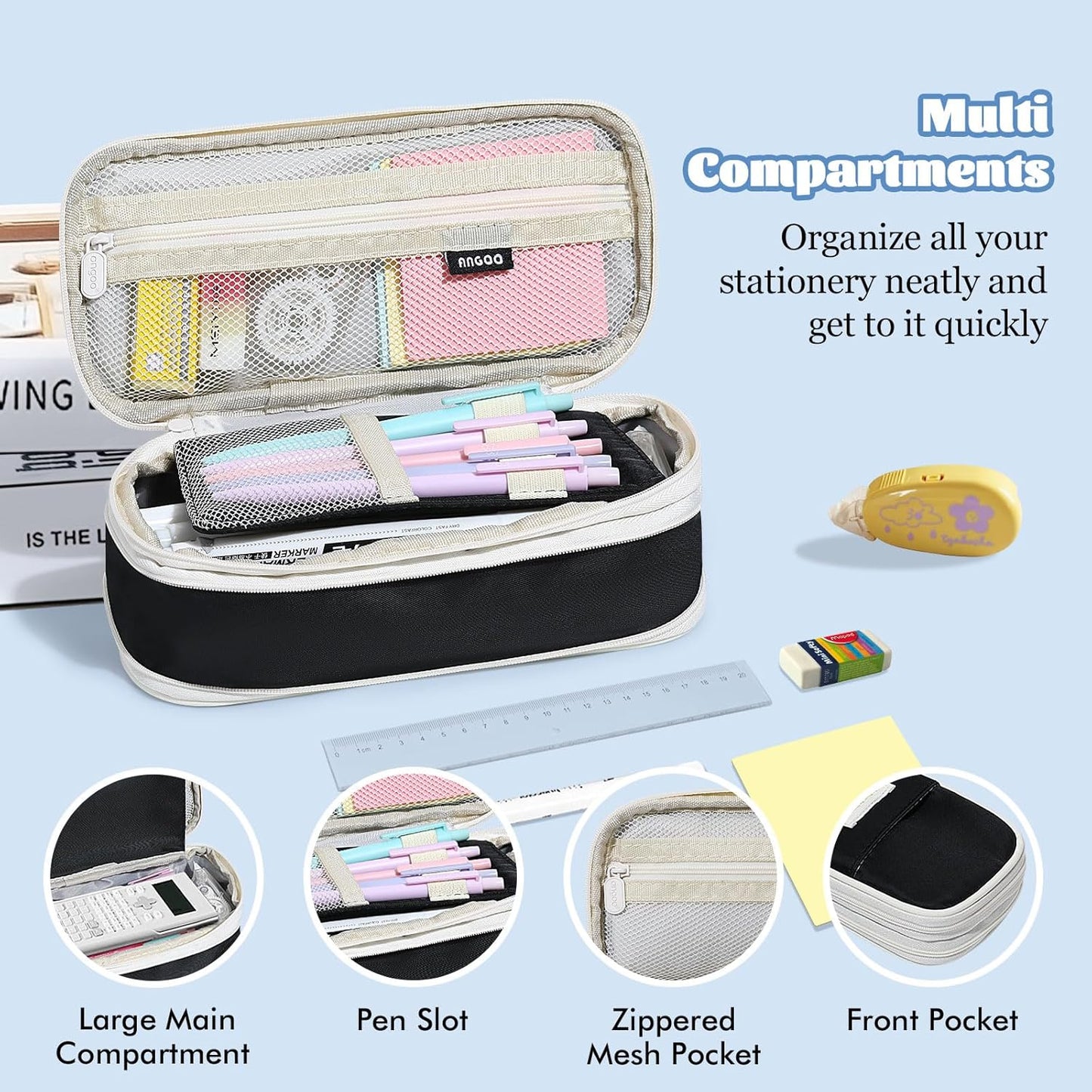 MoKo Large Capacity Pencil Case, Aesthetic Pencil Pouch Bag with Zipper, Cute Pen Case Stationery Organizer Holder for Office/School Supplies, Back to School Gift, Black