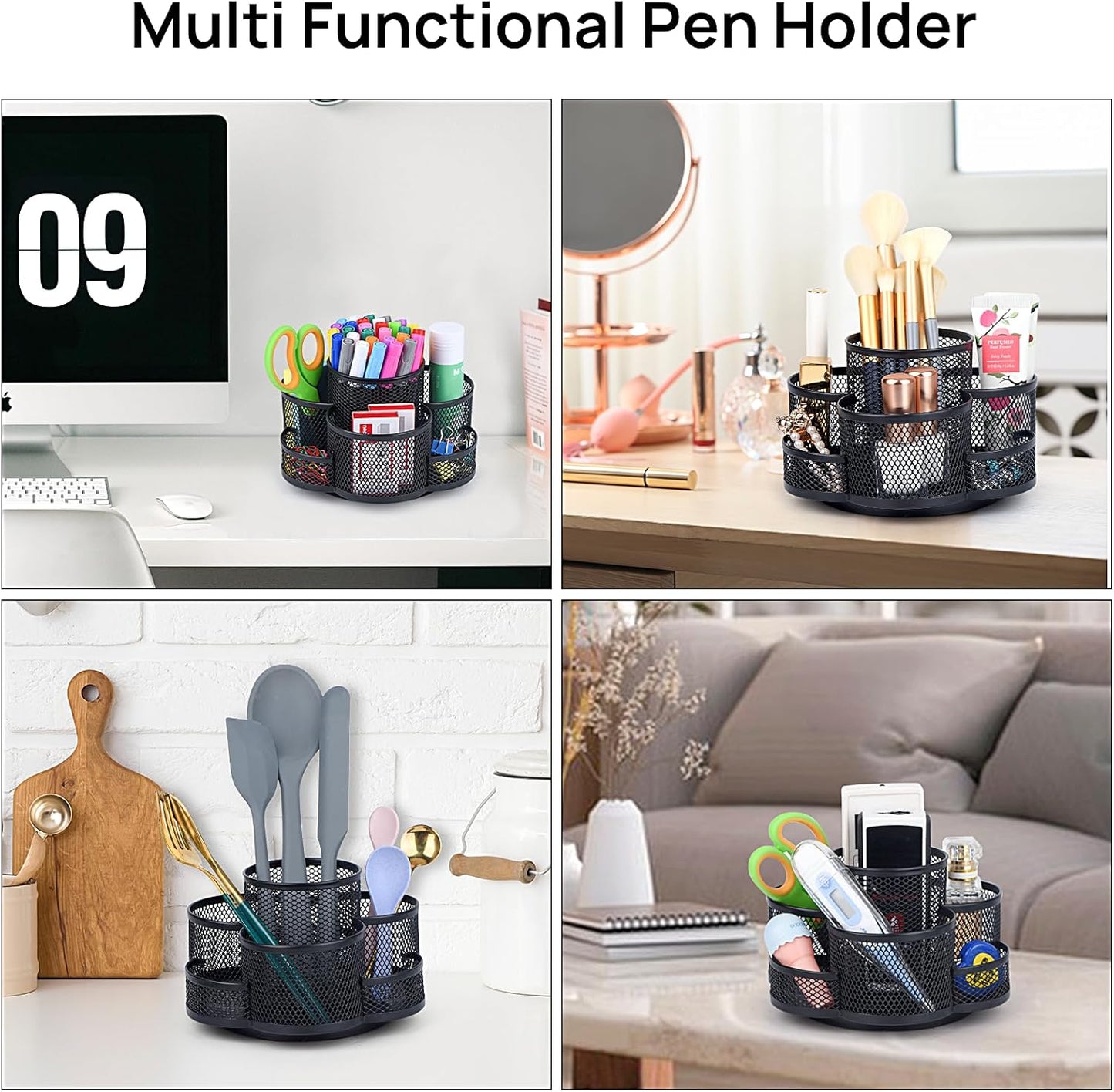 Pen Holder for Desk, 360 Rotating Pencil Holder, Cup Holder for Desk Office, Desk Organizers and Accessories in Black