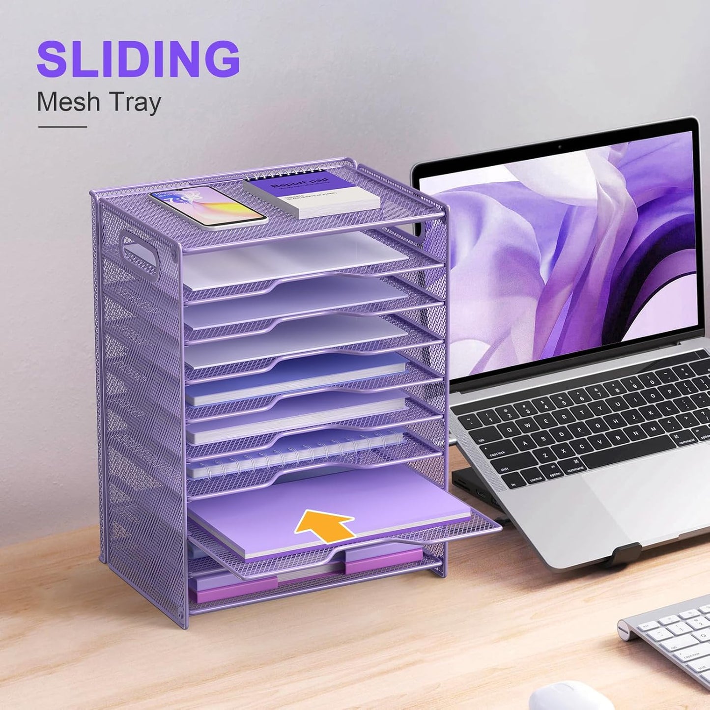 OUTWOLF 10 Tier Paper Organizer - Letter Tray Mesh Desk File Organizer with Handles for Office School Desktop, Purple