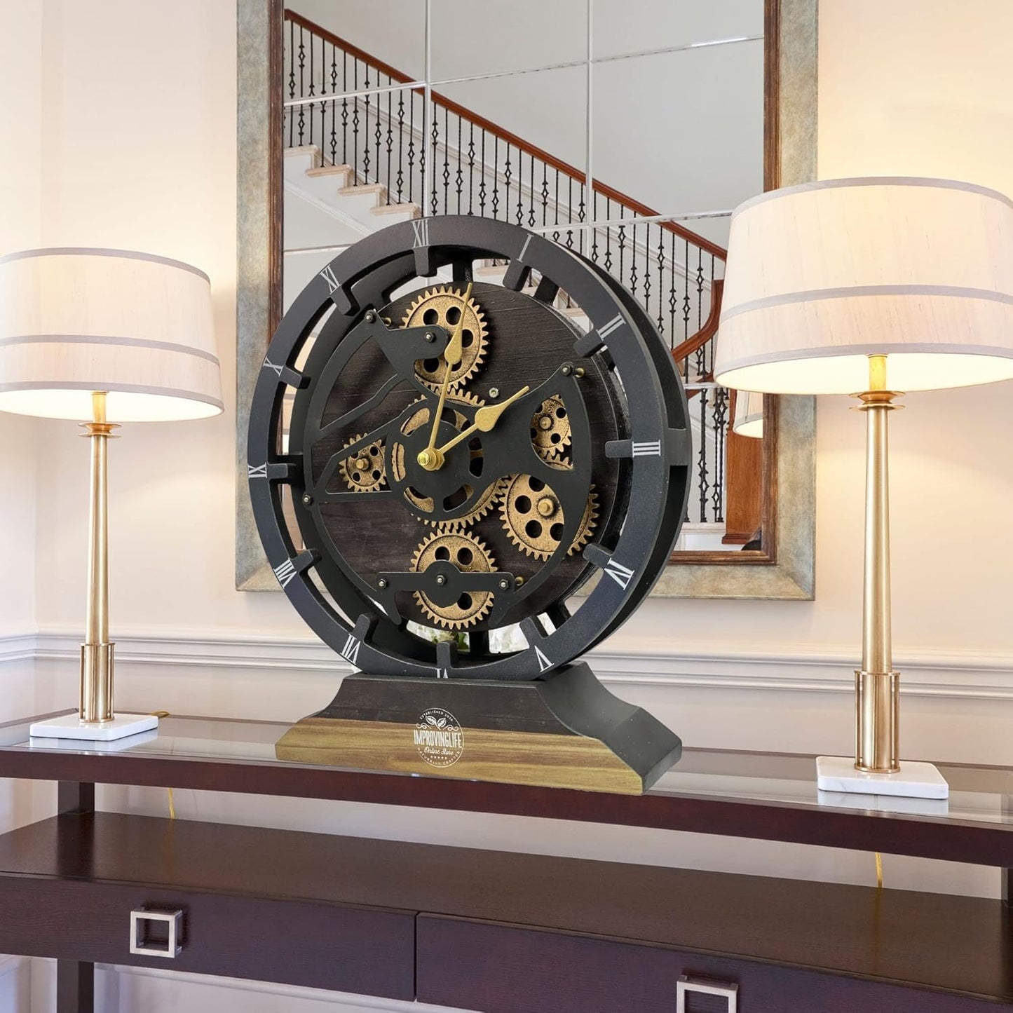 The Gears Clock 16 inches Wall Clock with Real Moving Gears Convertible into a Big Mantel Clock (Vintage Black)