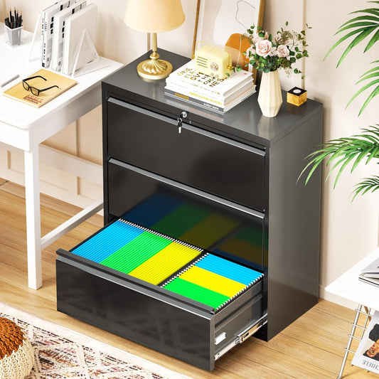 Superday Black Filing Cabinet 3 Drawer File Cabinet 20" Deep, Locking Metal File Drawer Cabinets, Rolling Filing Cabinets with Lock for Office Letter/A4/Legal (Black)