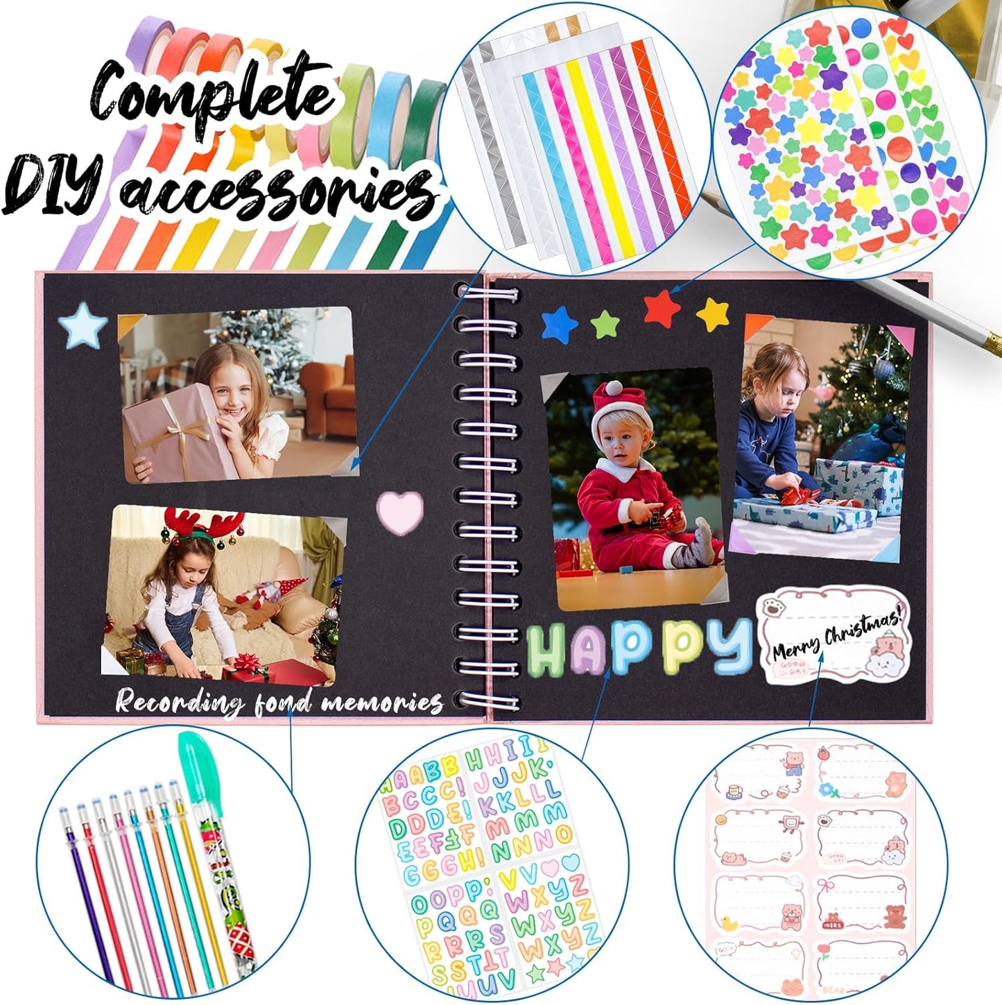 Kid Scrapbook Photo Album Hard Cover DIY Photo Album for Kids Instant Camera Print Paper with DIY Accessories (Pink)