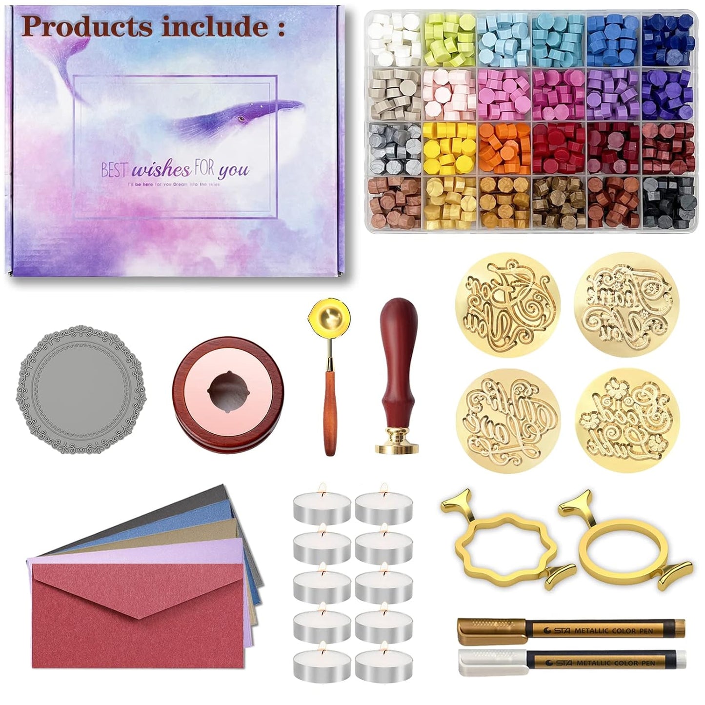 Wax Seal Stamp Kit with Gift Box, 672 Pcs Wax Seal Beads, 4 Pcs Wax Stamps, 2 Pcs Wax Seal Molds, Sealing Wax Warmer, Spoon, Mat, Metallic Pens, Candles, Wax Seal Kit for Craft Gift