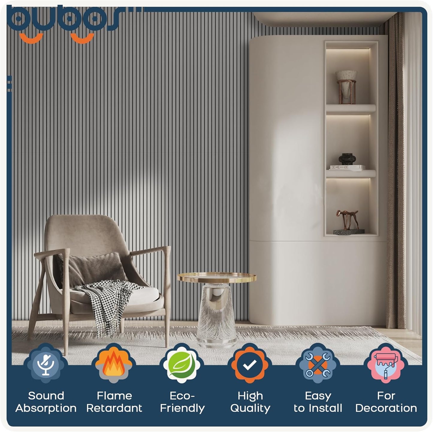 BUBOS 10 Pack Large Acoustic Panels, 48"X 12"X 0.4" Sound Proof Panels for Walls,Decorative Self-Adhesive Acoustical Wall Panels,3D Slat Sound Panels for Home Office Studio (White 01)