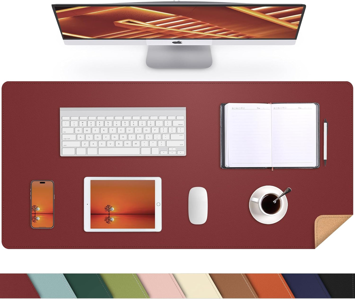 Desk Mat 35" x 17" Leather Desk Pad Protector with Natural Cork & PU Leather, Non-Slip Office Desk Mat, Double-Sided Large Mouse Pad, Waterproof Desk Cover for Office&Home (red)