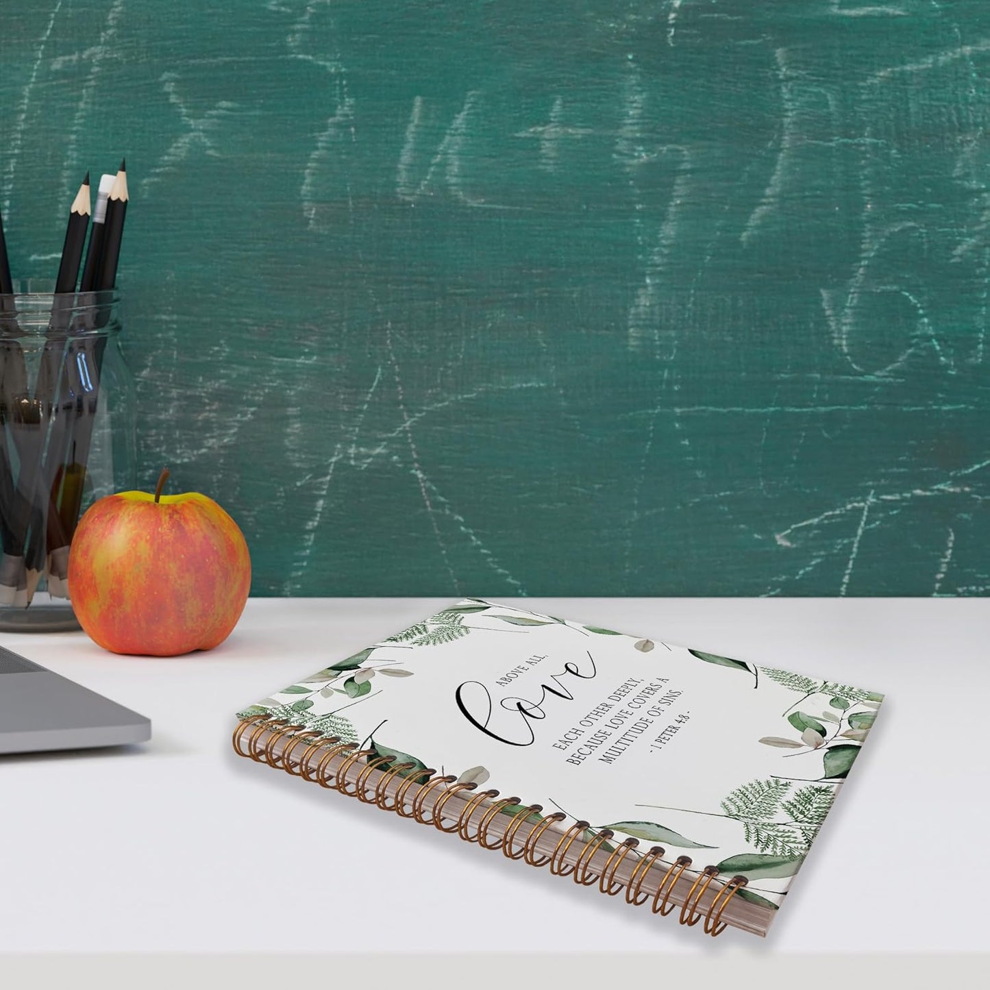 VNWEK Bible Scripture 1 Peter 4:8 Above All Love Each Other Deeply Greenery Spiral Notebook Journal 5.5 x 8.3 inches,Christian Lined Hardcover Spiral Notebook,Christian Gifts for Women Men Faith Teens
