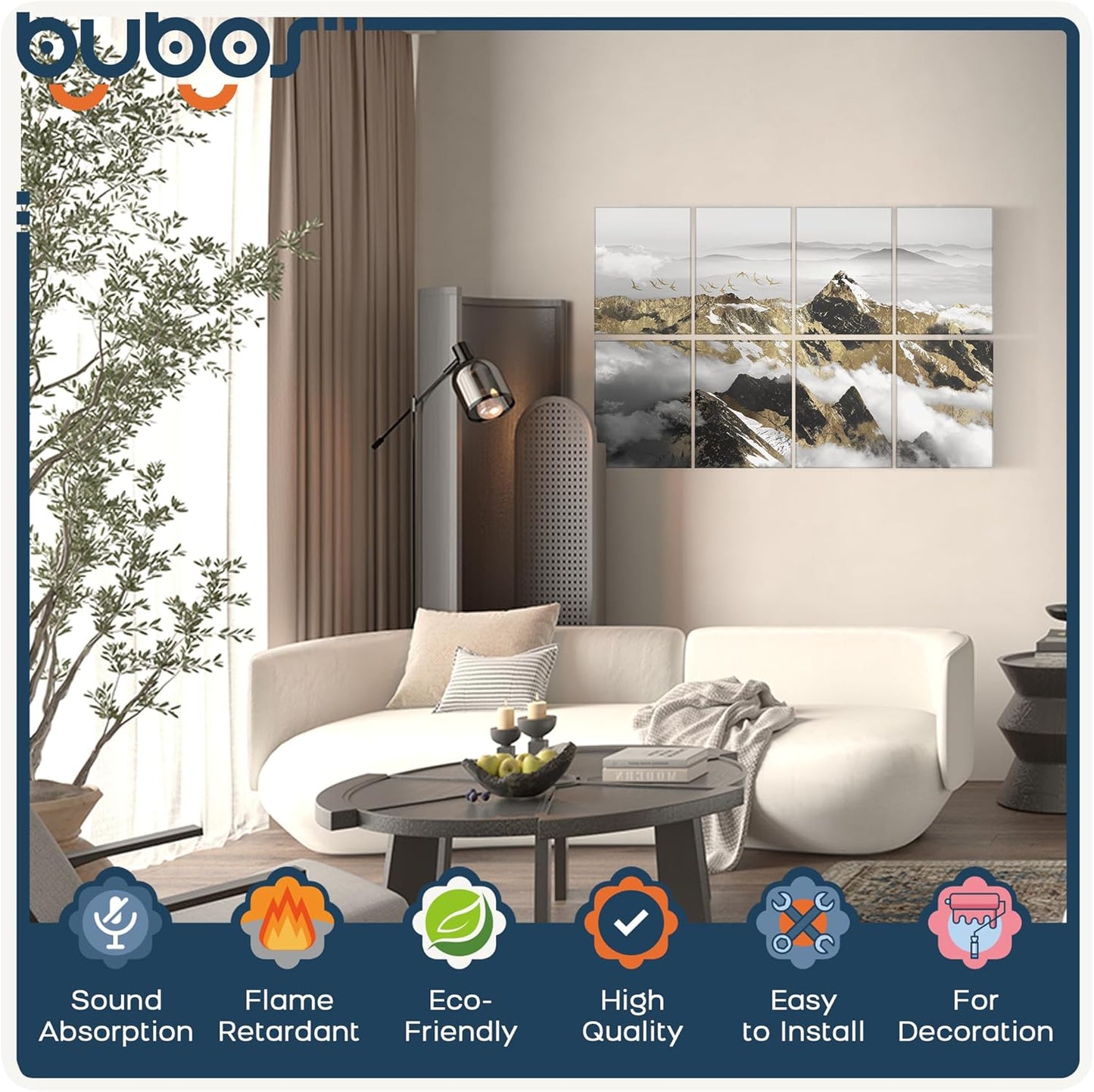 BUBOS 8 Pack Art Acoustic Panels Soundproof Wall Panel,47.2X31.4 Inches Sound Absorbing Panel,Self-adhesive Decorative Acoustical Wall Panels, Acoustic Treatment for Ceiling Home Office (Mountain)