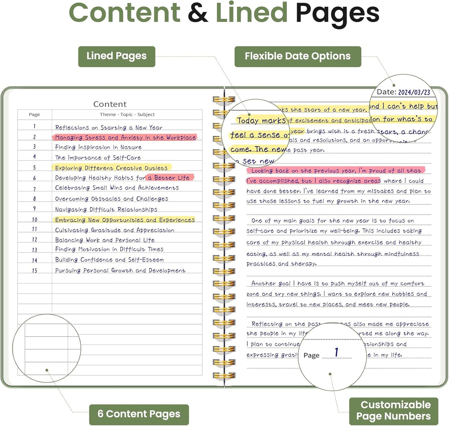 Taja Lined Spiral Journal Notebook for Work, 6 Pack, 140 Pages, College Ruled Hardcover Notebook Journal for Women, 6 Pcs, Journals for Writing, A5(6"x8") - Green