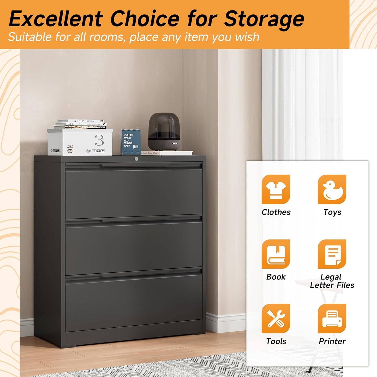 Lateral File Cabinet with Lock, 3 Drawer Lateral Filing Cabinet for Office Home, Locking Metal Steel Wide for Hanging Files Letter/Legal/F4/A4 Size, Easy Assemble Black