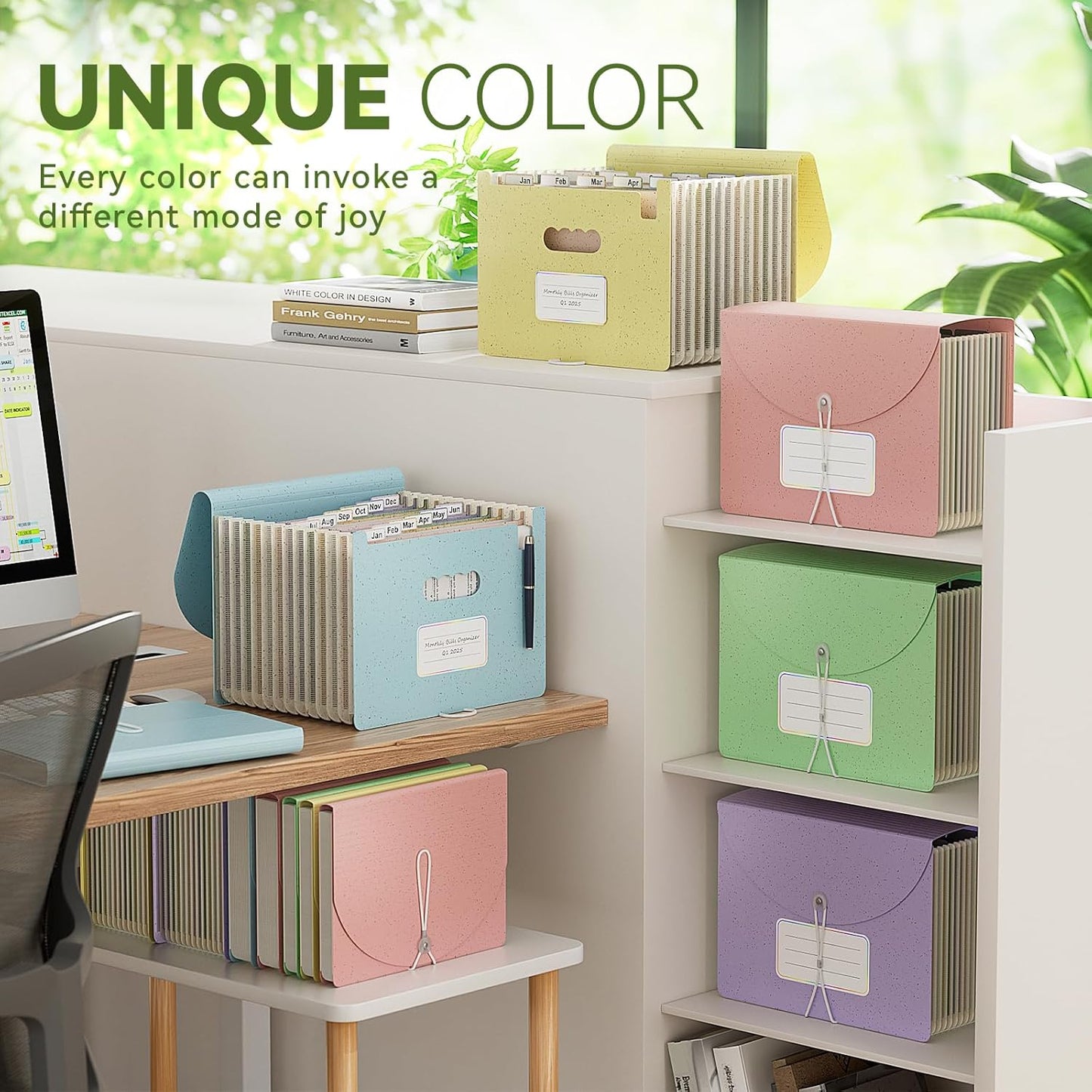 Accordion File Organizer, 13 Pockets Wheat Straw Expanding File Folder, Portable Monthly Paper Bill Tax Receipt Organizer, Letter A4 Size Document Holder with Colorful Tab - Sky Blue