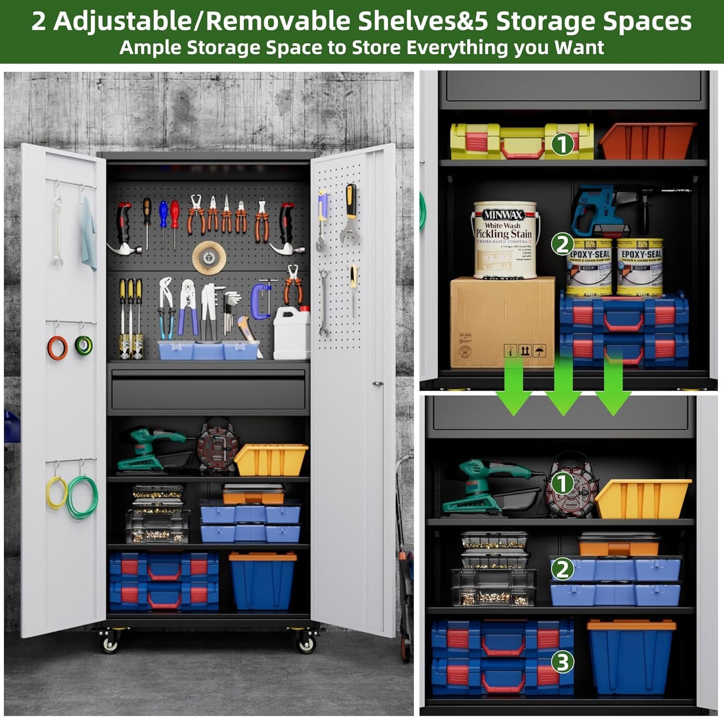 Aobabo Garage Storage Cabinet with Wheels, Metal Tool Storage Cabinet with 1 Drawer for Home,Assembly Required,Black&Grey