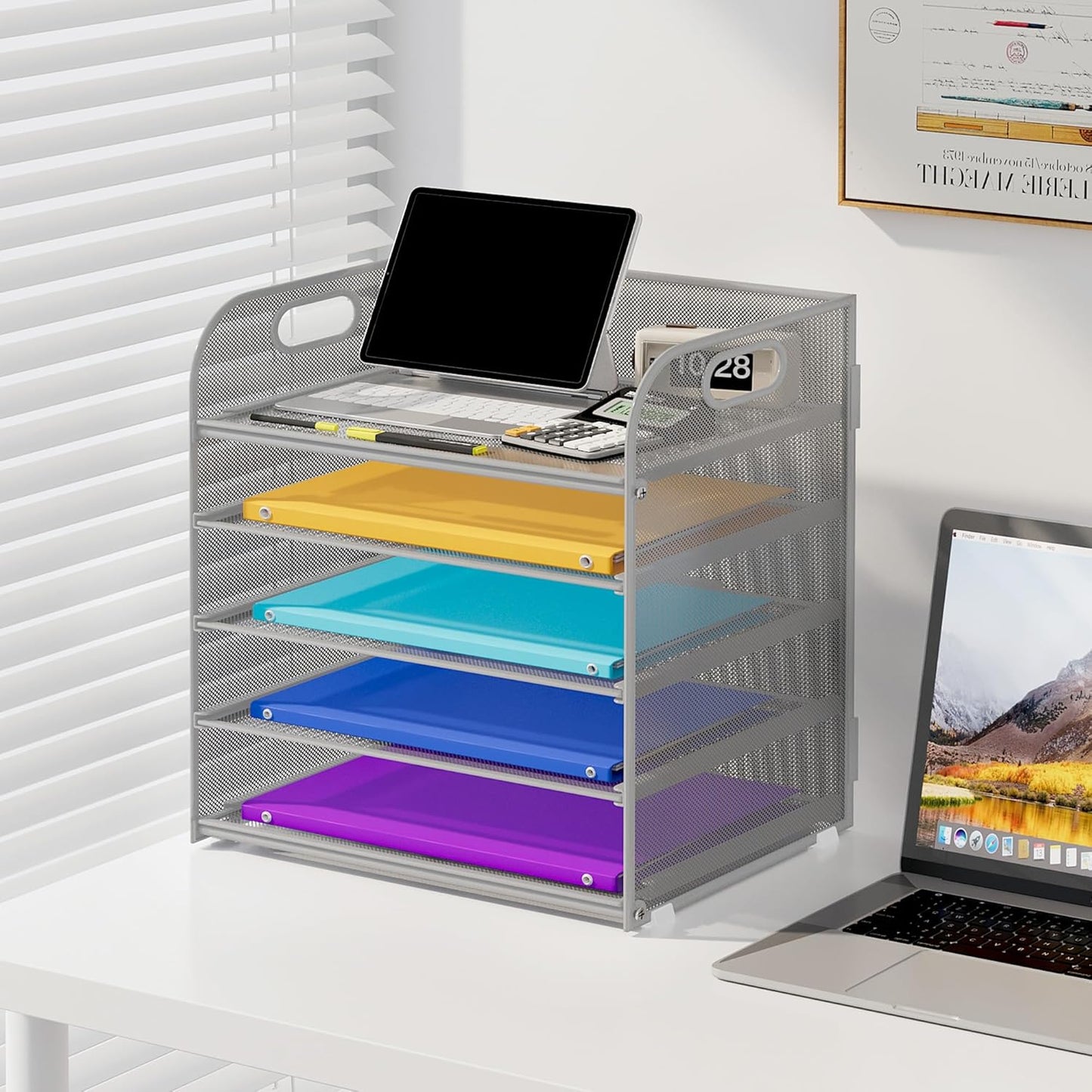 5 Tier Paper Organizer with Handle, Metal Mesh Desk Organizer File Folder Paper Letter Tray Desktop Document Sorter for Classroom, School, Office Accessories Organization and Storage - Silver
