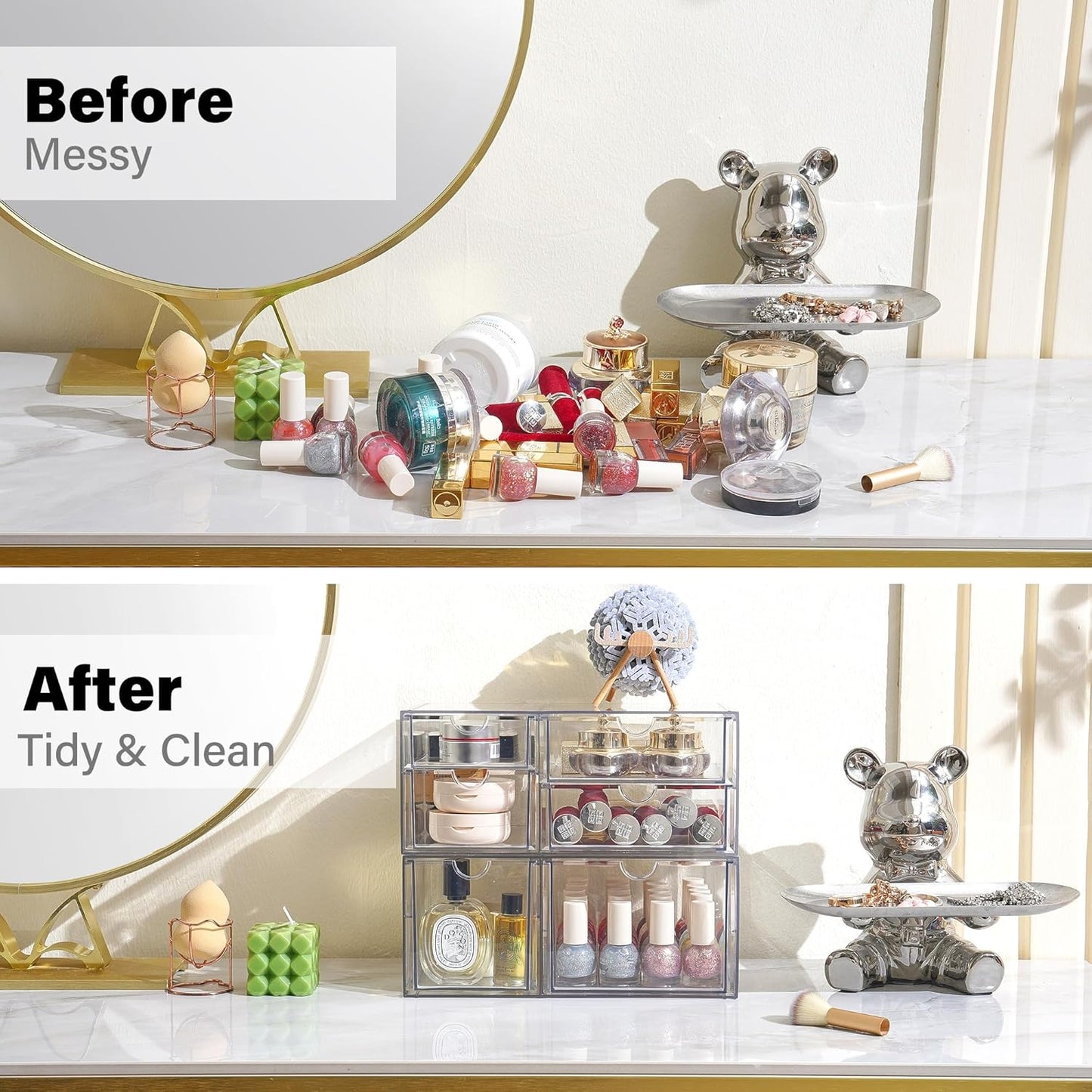 Prsildan Acrylic Drawer Makeup Organizer with 6 Drawers, Set of 2 Office Desk Organizers Accessories, Clear Stackable Storage Drawers for Vanity, Craft, Not for Baby Bottle (Largest Drawer 4" Tall)