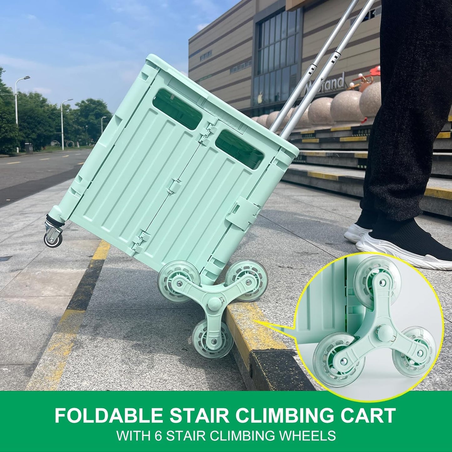 Foldable Utility Cart with Stair Climbing Wheels, Collapsible Rolling Crate with Telescoping Handle, Shopping Trolle Handcart Grocery Book File Tool Art Supplies Teacher Storage Basket(Green)