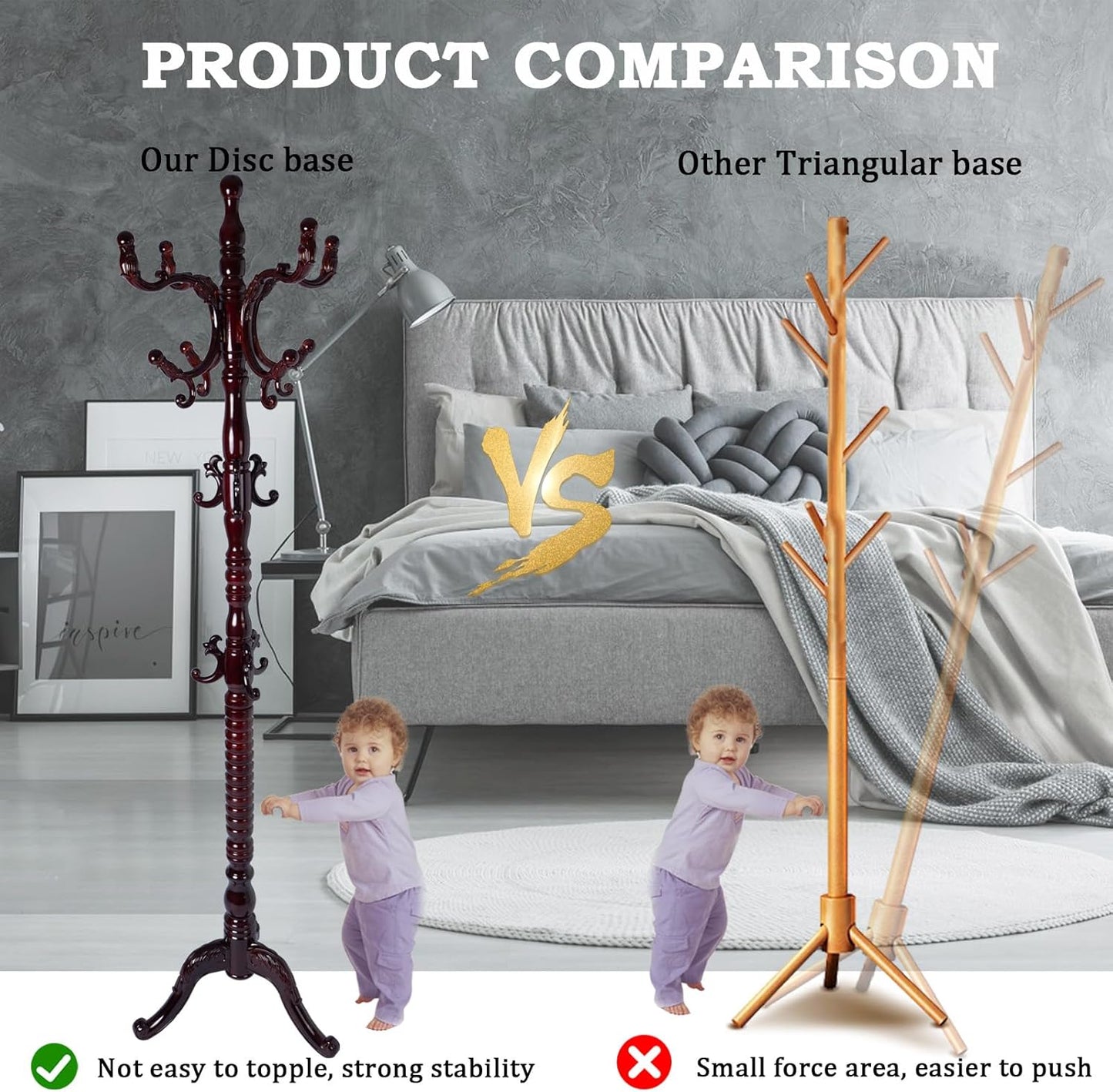 Coat Racks FreeStanding with 14 Hooks, Natural Wood Coat Rack with Solid Round Base, Adjustable Height Coat Racks, Easy Assembly for Hallway, Bedroom and Office (Reddish brown-Tri-Legged Base)