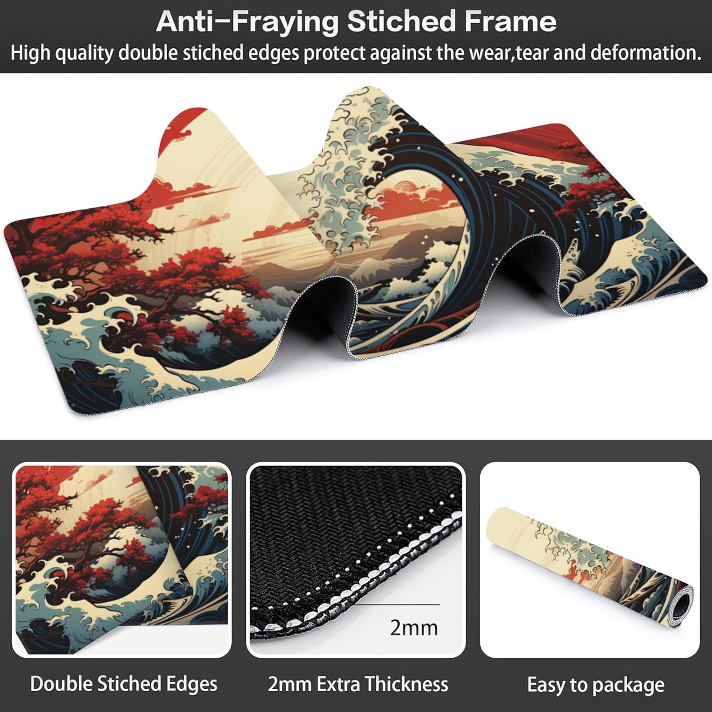Extended Large Gaming Mouse Pad, Japanese Great Wave Sunset Large Desk Mat for Desktop, Non-Slip Rubber Base Stitched Edges Long Computer Keyboard Desk Pad Mouse Mat for Home Office 35.4"X15.7"