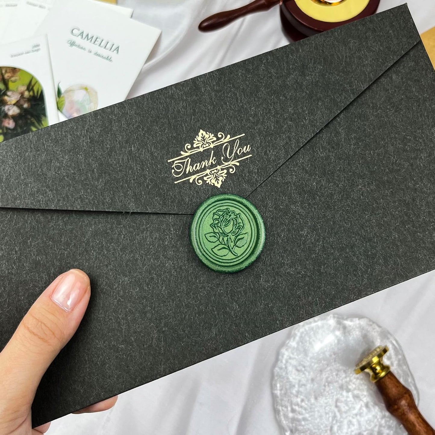 25Pcs Wax Seal Stickers Handmade Envelope Seals Self Adhesive Wax Stickers for Wedding Party Invitations, Envelope, Gift Wrap, Christmas(Rose Style, Green)