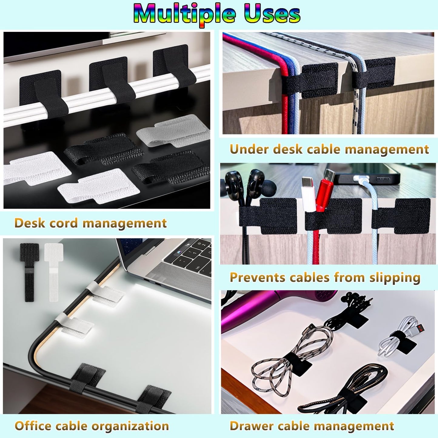 Desk Cable Management, Wire Organizers for Cords - Grey and White 48 PCS Sticky Back Self Adhesive Cable Ties, Hook and Loop Straps for Home or Office Use