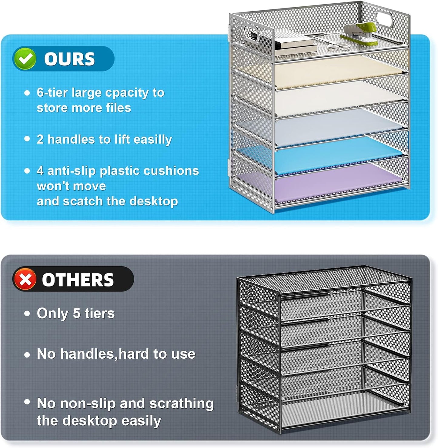 Marbrasse Paper Letter Tray - 6 Tier Mesh File Organizer with Handle, Paper Sorter for Letter/A4 Office File Folder Holder - Silver