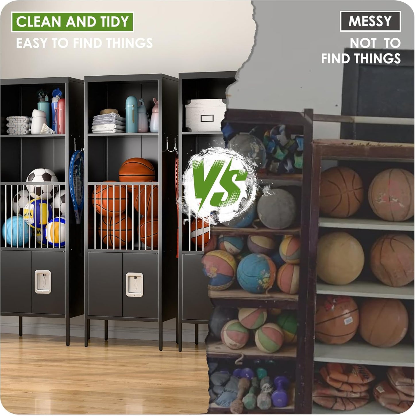 Aobabo 72" H Metal Storage Locker for Gym, for Stores Sports Gear Footballs, Rugby Balls and Tennis, Open Storage Locker with Hooks for School, Gym, Black, Assembly Required