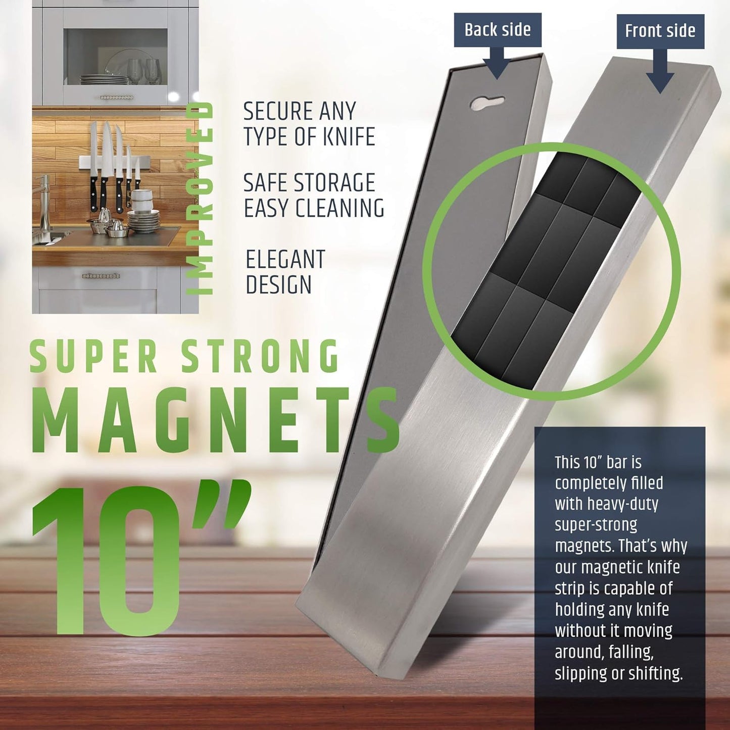Premium Stainless Steel Magnetic Knife Holder for Wall - 10 Inch Professional Magnetic Knife Strip - Space-Saving Knife Rack/Knife Bar With Powerful Magnetic Pull Force (Upgraded Version)