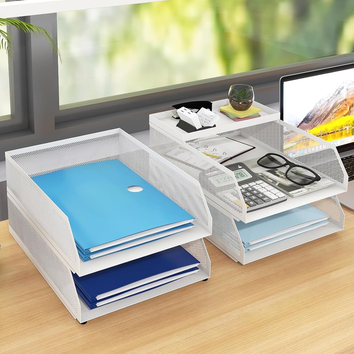 Natwind 4-Tier Stackable Paper Tray, Metal Mesh Desktop Organizer, Paper Sorter, Letter Trays,File Document Storage Rack for for Home, Office, School (White)