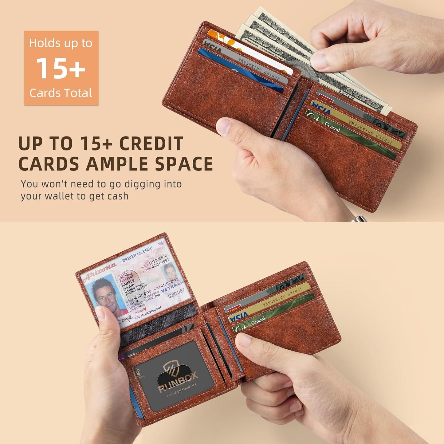 RUNBOX Wallet for Men Slim Rfid Leather 2 ID Window With Gift Box