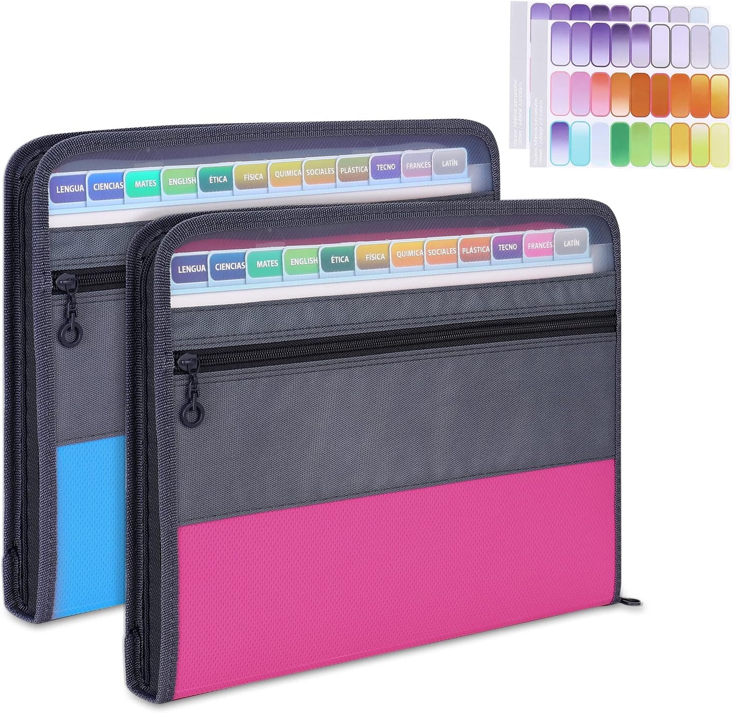 MEGREZ A4 Paper File Folder with 13 Pockets, Accordion File Folder with Zipper File Folder Organizer for Office, Waterproof Expanding File Folder with Tabs, Pink & Blue(2 Packs)