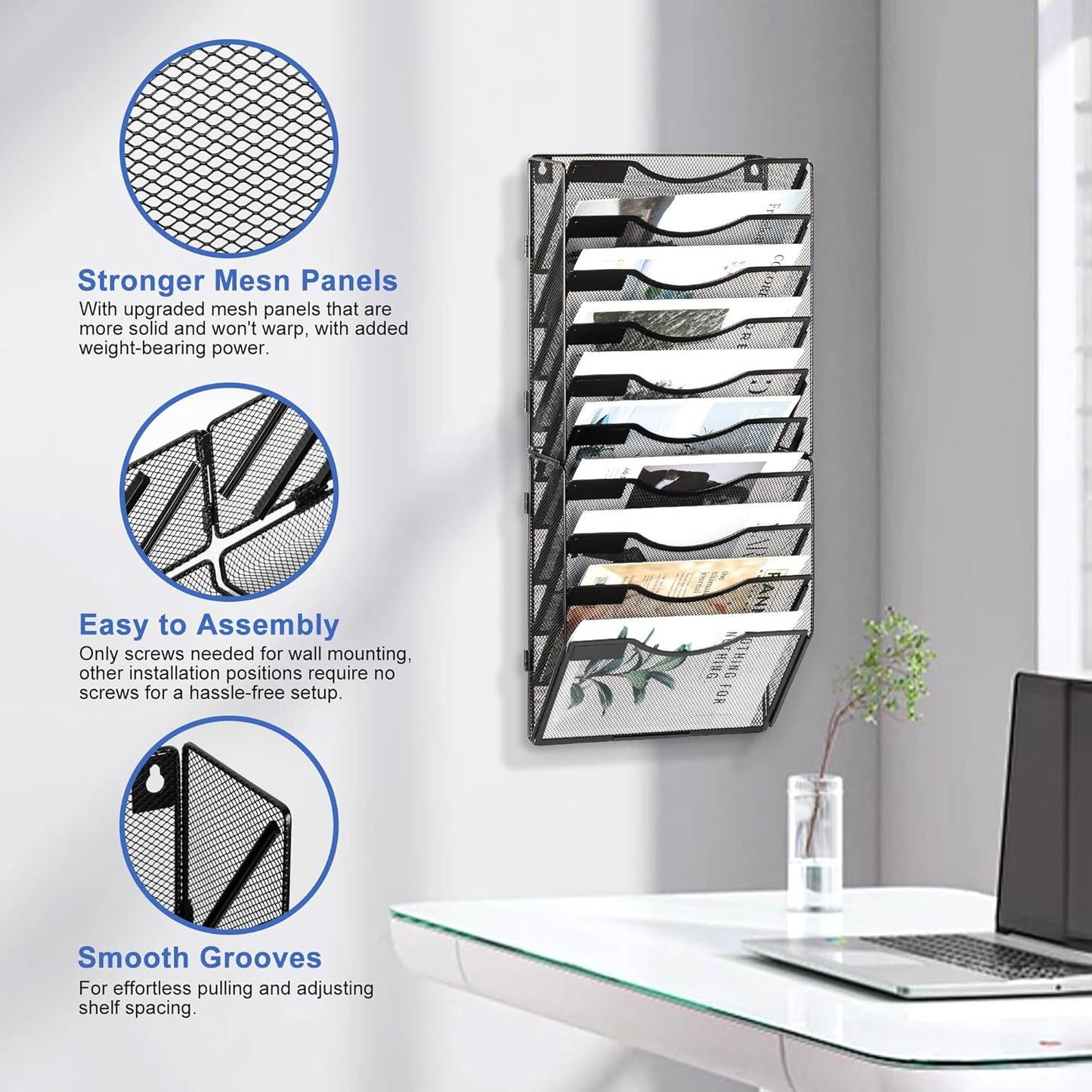 EasyPAG Wall File Holder Organizer 10 Pocket Mesh Hanging Wall Mounted Document Paper Folder Filing Magazine Rack with Nametag Label for Office Home School, Black