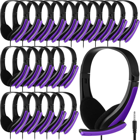 Yunsailing 20 Pack Bulk Classroom Headphones with Microphone Students Wired School Class Set Headphones for School Library Computer Office Adults 3.5 Jack Universal Plug (Purple)